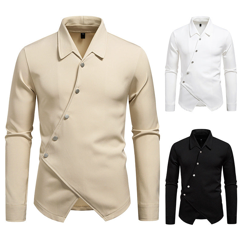 Men’s Modern Slim Fit Cross-Button Designer Shirt – Stylish Asymmetric Button Down for Casual & Party Wear