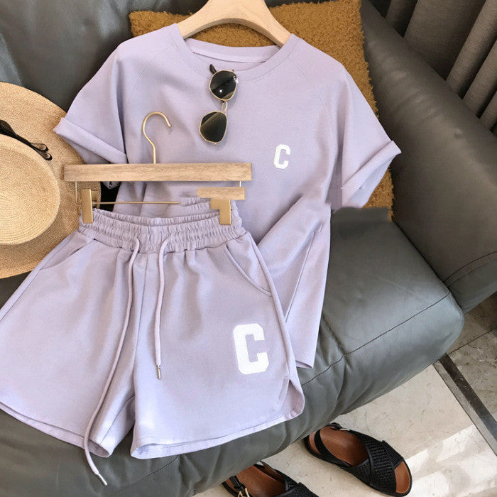 Women’s Minimalist Letter “C” Two-Piece Loungewear Set – Soft Summer Shorts & T-Shirt Co-ord (Grey & Lavender)