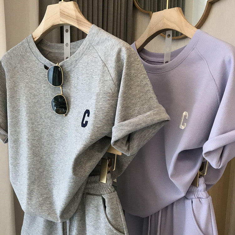 Women’s Minimalist Letter “C” Two-Piece Loungewear Set – Soft Summer Shorts & T-Shirt Co-ord (Grey & Lavender)