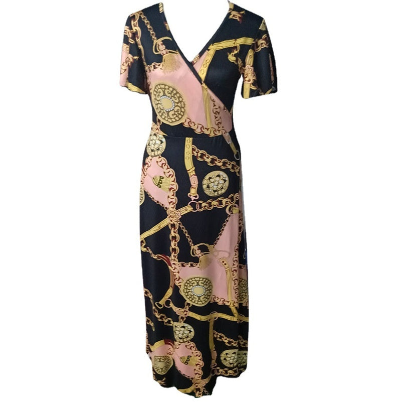 Luxury Gold Chain Print Wrap Maxi Dress – Elegant Belted V-Neck Summer Outfit for Effortless Confidence