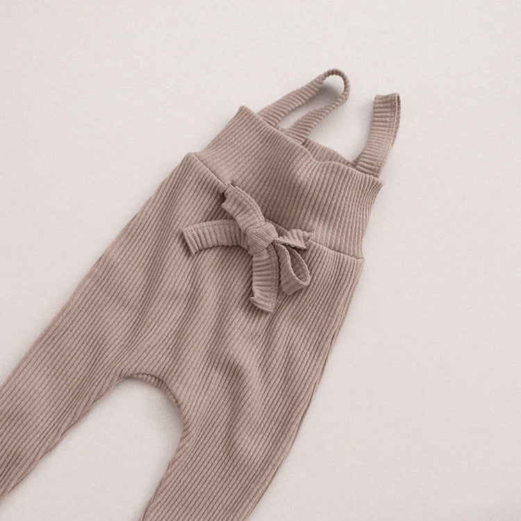 Ribbed Cotton Baby Overall Set with Lace Bow | Soft Knit Romper + Matching Hat + Headband | Cozy Autumn Baby Outfit