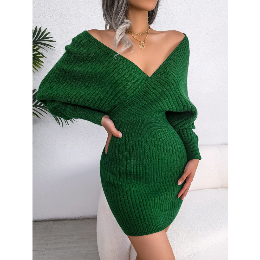 Women's Elegant Off-Shoulder Knit Sweater Dress – V-Neck Bodycon Winter Dress with Batwing Sleeves