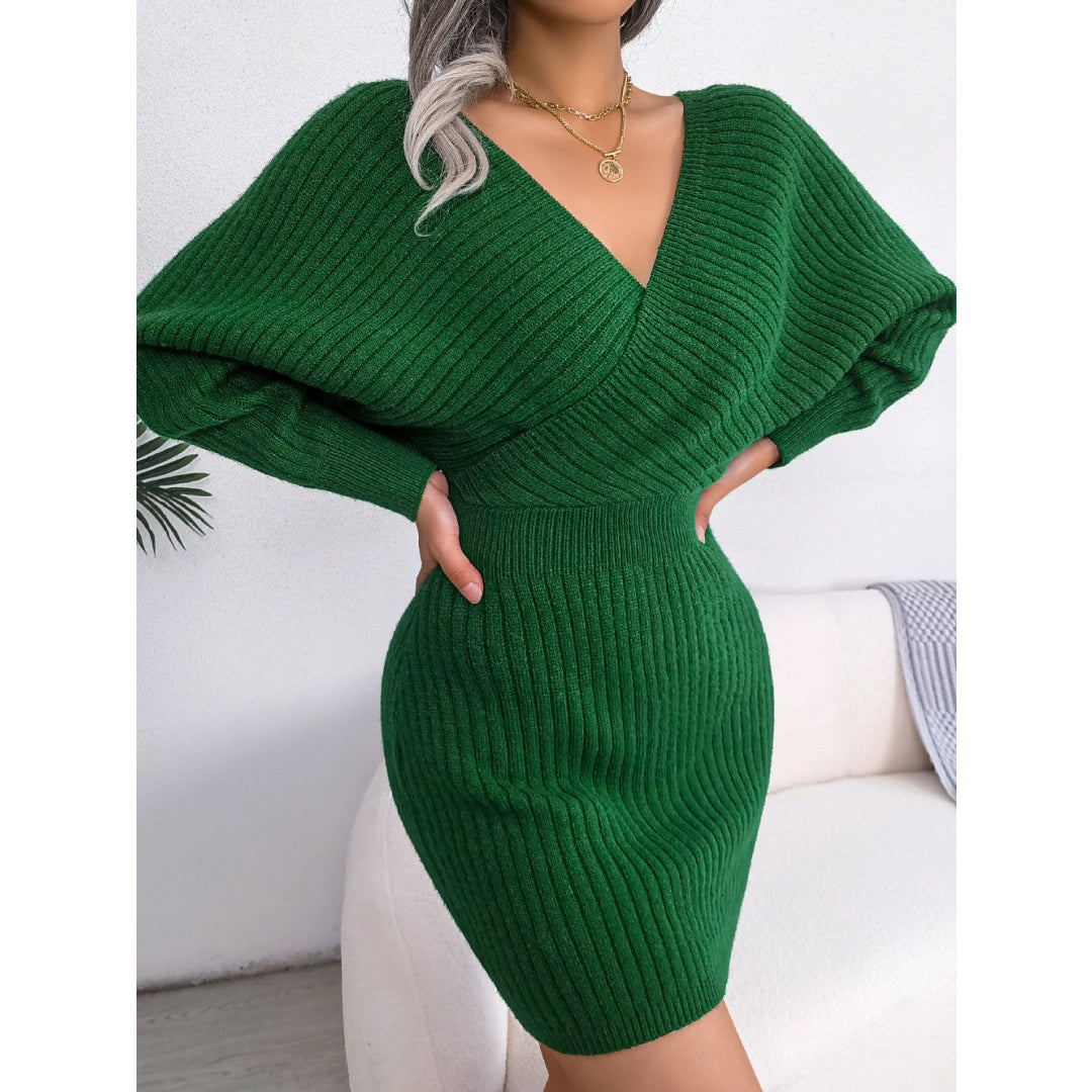 Women's Elegant Off-Shoulder Knit Sweater Dress – V-Neck Bodycon Winter Dress with Batwing Sleeves