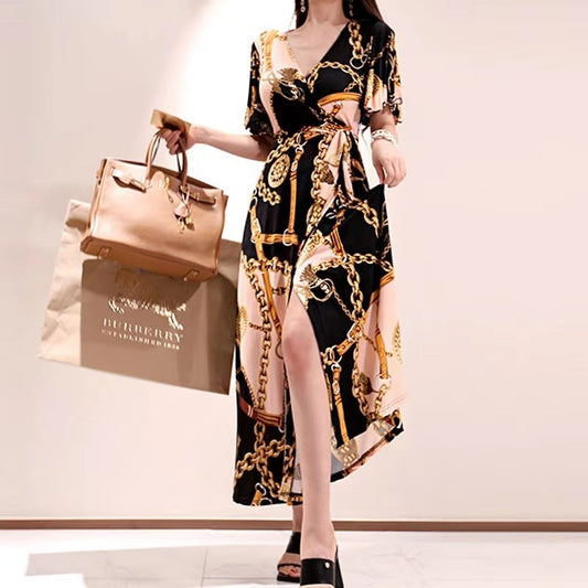 Luxury Gold Chain Print Wrap Maxi Dress – Elegant Belted V-Neck Summer Outfit for Effortless Confidence