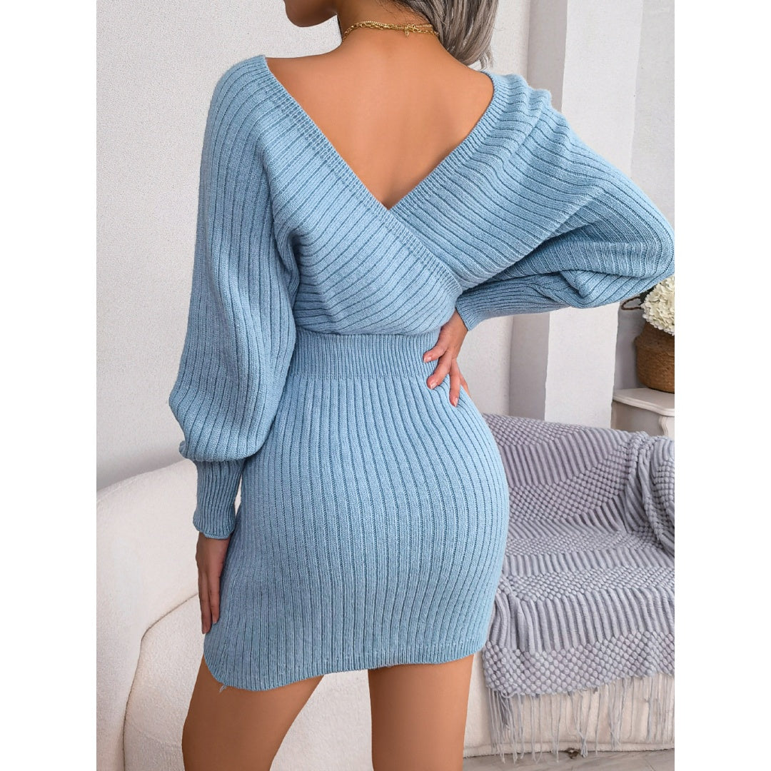 Women's Elegant Off-Shoulder Knit Sweater Dress – V-Neck Bodycon Winter Dress with Batwing Sleeves