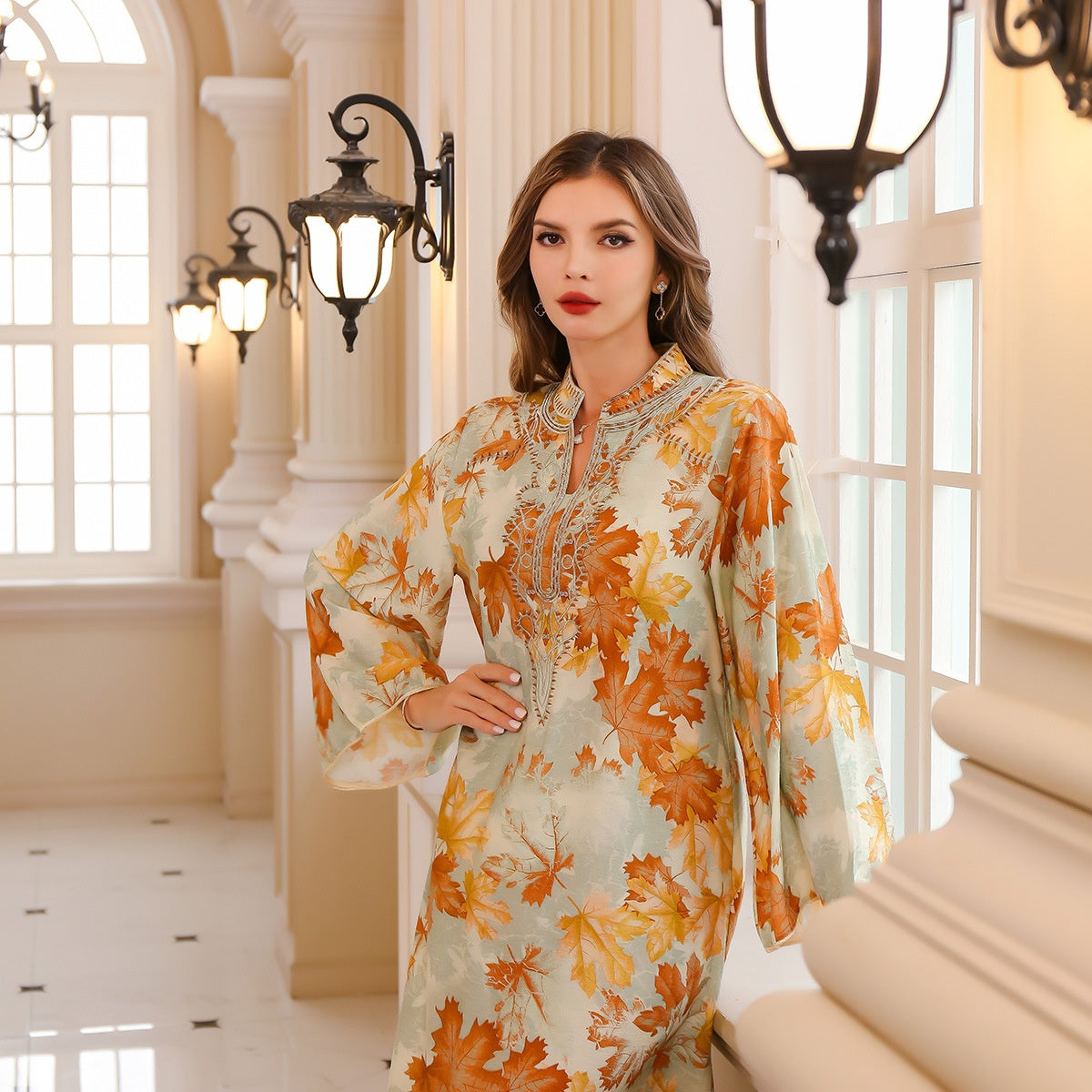 Embroidered Autumn Leaf Print Long Gown Dress for Women – Elegant Floral Kaftan Style Maxi | Bloomberry Lifestyle