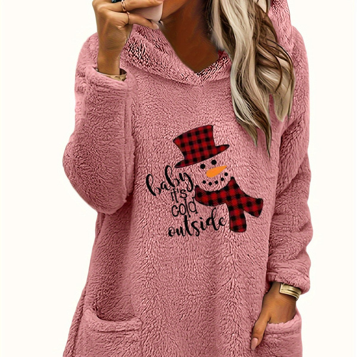 Cozy Christmas Snowman Hoodie – ‘Baby It’s Cold Outside’ Fleece Pullover for Women
