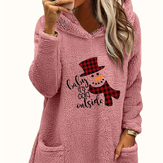 Cozy Christmas Snowman Hoodie – ‘Baby It’s Cold Outside’ Fleece Pullover for Women