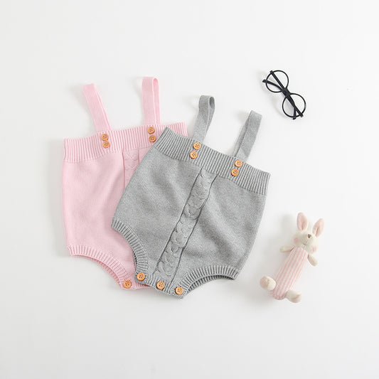 Handmade Knitted Baby Romper with Wooden Buttons | Soft Cotton Sleeveless Onesie for Newborns & Toddlers