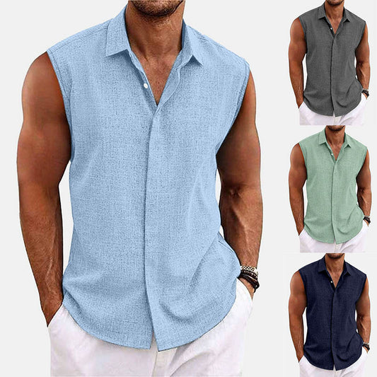 Men’s Summer Linen Blend Sleeveless Shirt – Casual Breathable Button-Up for Beach, Gym & Everyday Style