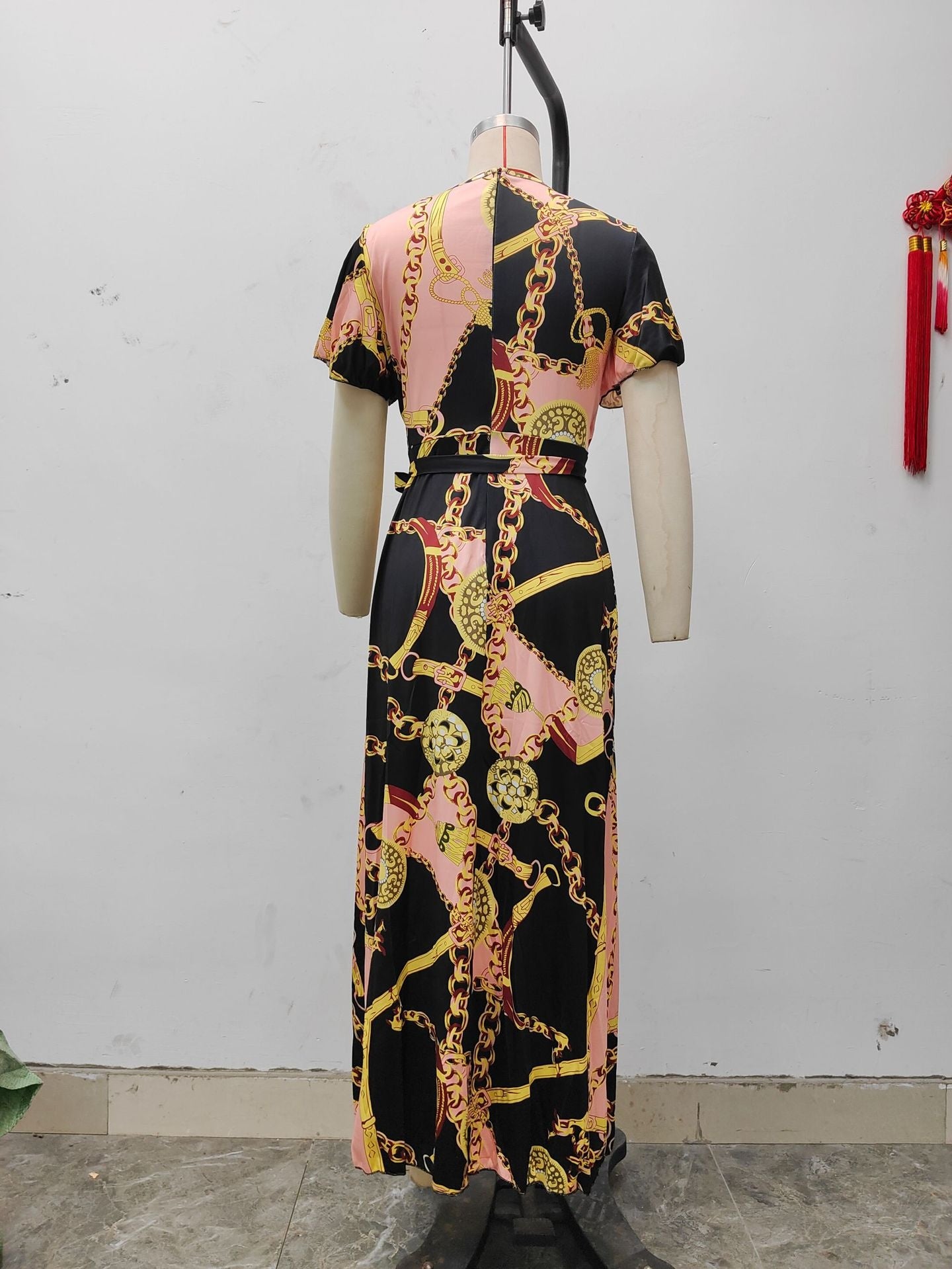 Luxury Gold Chain Print Wrap Maxi Dress – Elegant Belted V-Neck Summer Outfit for Effortless Confidence