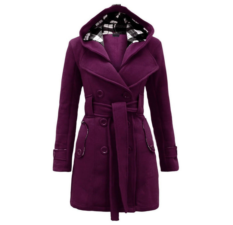 Women’s Classic Hooded Wool Blend Overcoat – Warm Elegant Winter Long Coat with Belt | Stylish Trench Jacket for Cold Weather