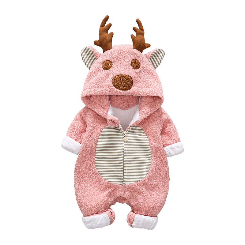 Adorable Reindeer Baby Romper | Winter Warm Fleece Jumpsuit with Hood & Antlers – Cozy Outfit for Newborns & Infants