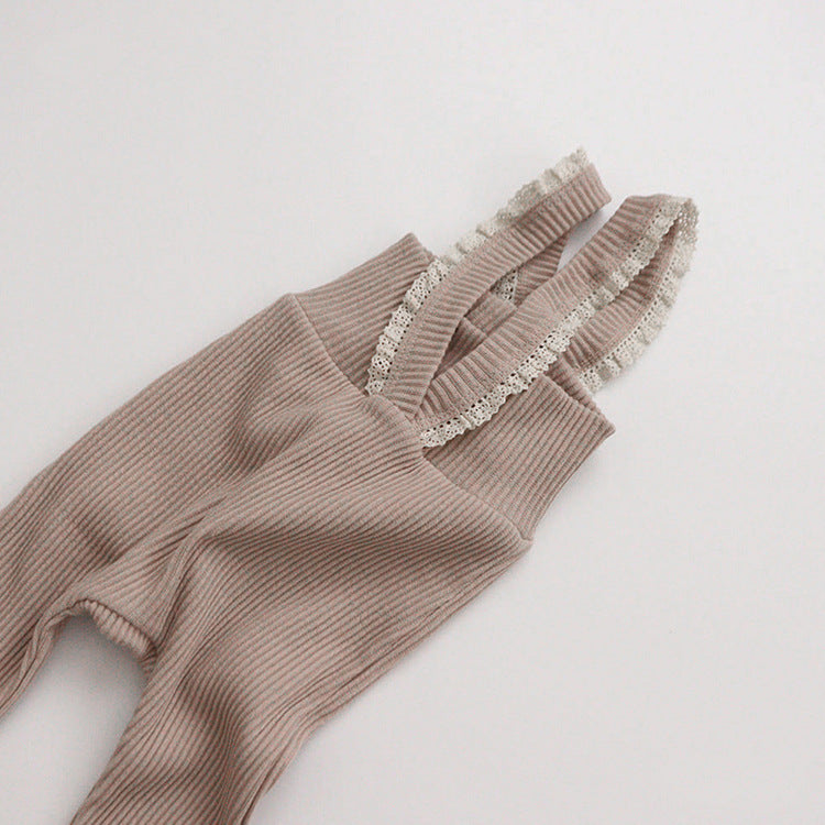 Ribbed Cotton Baby Overall Set with Lace Bow | Soft Knit Romper + Matching Hat + Headband | Cozy Autumn Baby Outfit