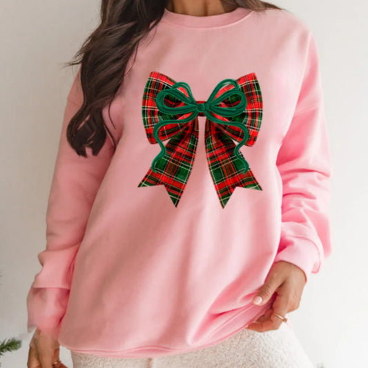Pink Plaid Bow Christmas Sweatshirt – Festive Holiday Crewneck for Women | Cozy Cotton Pullover
