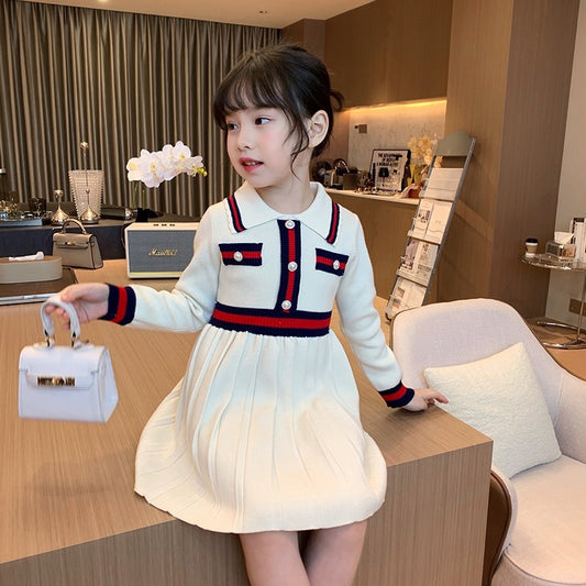 Bloomberry Elegant Knit Dress for Girls – Cozy Pleated Sweater Dress with Pearl Buttons | Winter Princess Outfit (Navy Blue / Apricot)