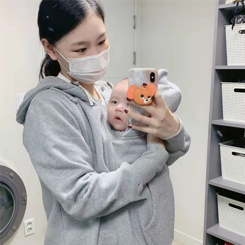 Cozy Kangaroo Baby Carrier Hoodie – Fleece-Lined Winter Sweatshirt for Mom & Baby (Extra Large, 40–150kg)