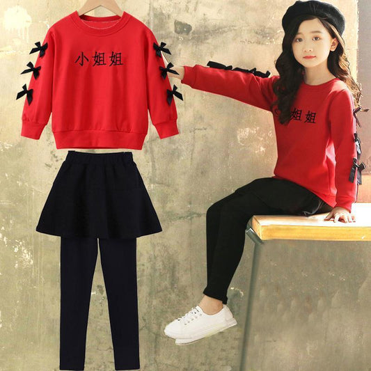 Charming Bow Sleeve Cotton Outfit Set for Girls – Trendy Korean-Style Sweatshirt & Skirt Leggings | Cozy, Cute & Confident Look