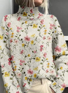 Women’s Floral & Animal Print Turtleneck Sweater – Cozy Casual Knit Pullover | Winter Fashion Woolen Tops