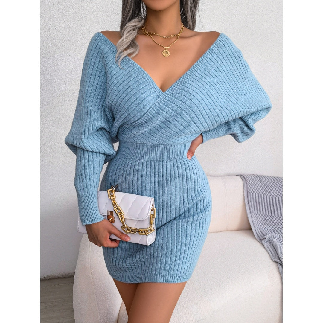 Women's Elegant Off-Shoulder Knit Sweater Dress – V-Neck Bodycon Winter Dress with Batwing Sleeves