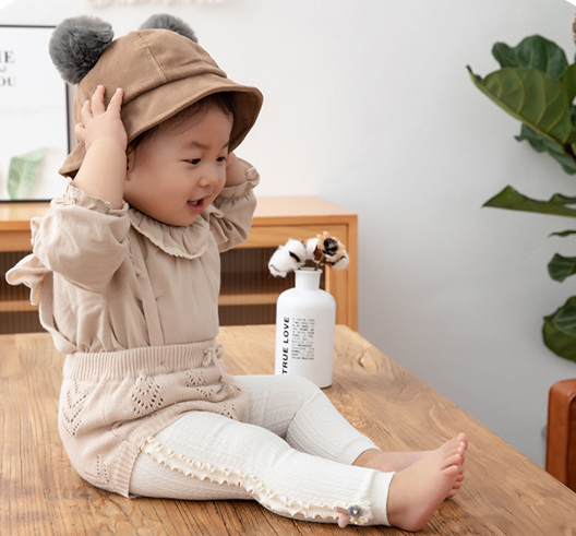 Cozy Cotton Baby Leggings with Bunny & Ruffle Trim – Soft Knitted Toddler Pants for Girls | Flower Bunny Ribbed Winter Leggings