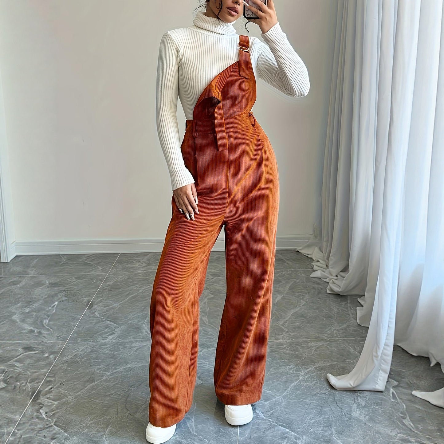 Caramel Corduroy Suspender Jumpsuit – Effortlessly Chic Autumn Comfort for Confident Women