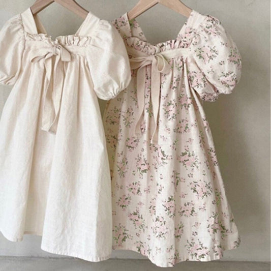 Little Girls’ Puff Sleeve Cotton Dress with Bow – Vintage Floral & Cream Style | Soft Summer Dress for Toddlers & KidsLittle Girls’ Soft Cotton Dress – Floral and Cream Bow Design