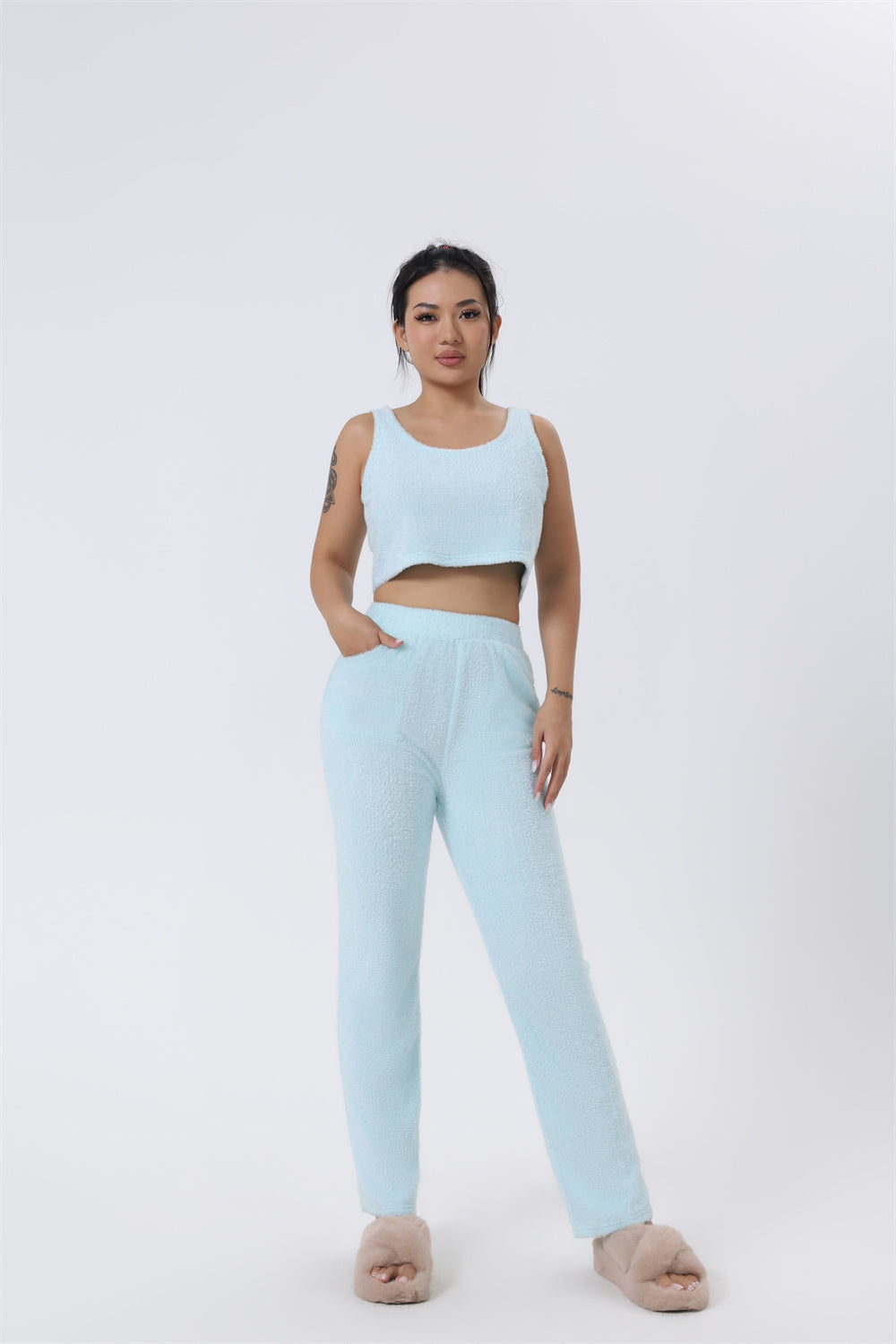 Ultimate Cozy Lounge Co-ord Set for Women | 3-Piece Fluffy Knit Loungewear – Cardigan, Crop Top & Pants