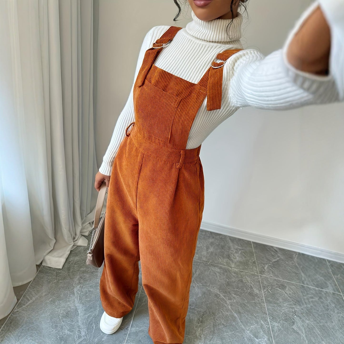 Caramel Corduroy Suspender Jumpsuit – Effortlessly Chic Autumn Comfort for Confident Women