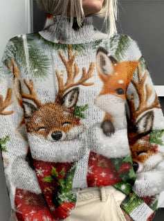 Women’s Floral & Animal Print Turtleneck Sweater – Cozy Casual Knit Pullover | Winter Fashion Woolen Tops