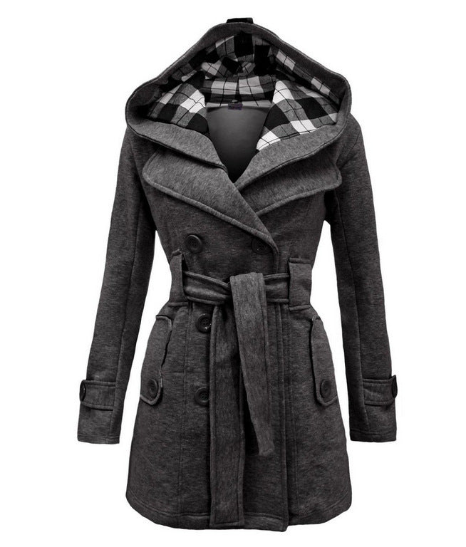 Women’s Classic Hooded Wool Blend Overcoat – Warm Elegant Winter Long Coat with Belt | Stylish Trench Jacket for Cold Weather