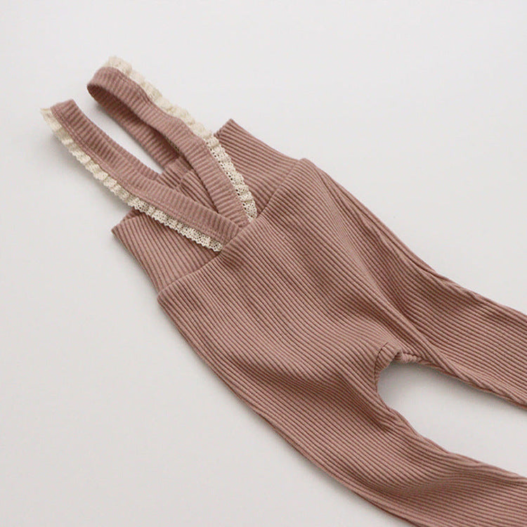 Ribbed Cotton Baby Overall Set with Lace Bow | Soft Knit Romper + Matching Hat + Headband | Cozy Autumn Baby Outfit