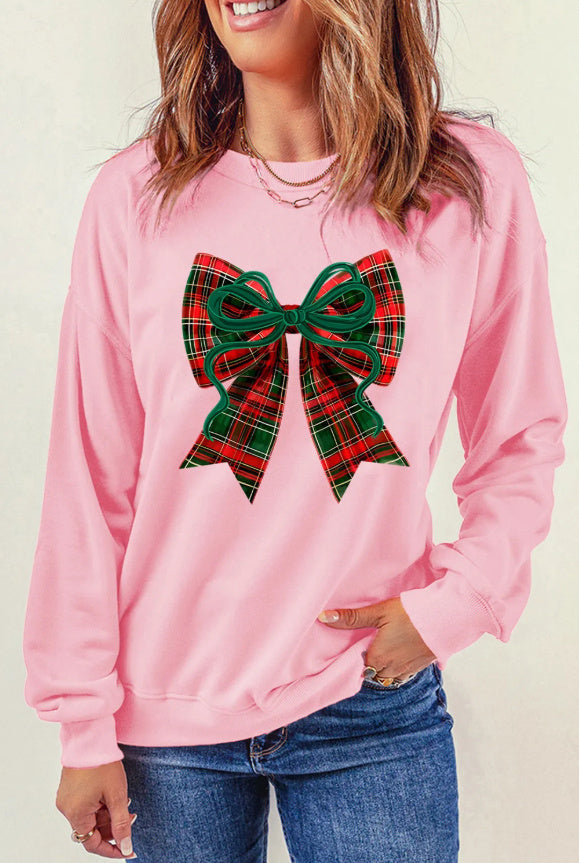Pink Plaid Bow Christmas Sweatshirt – Festive Holiday Crewneck for Women | Cozy Cotton Pullover