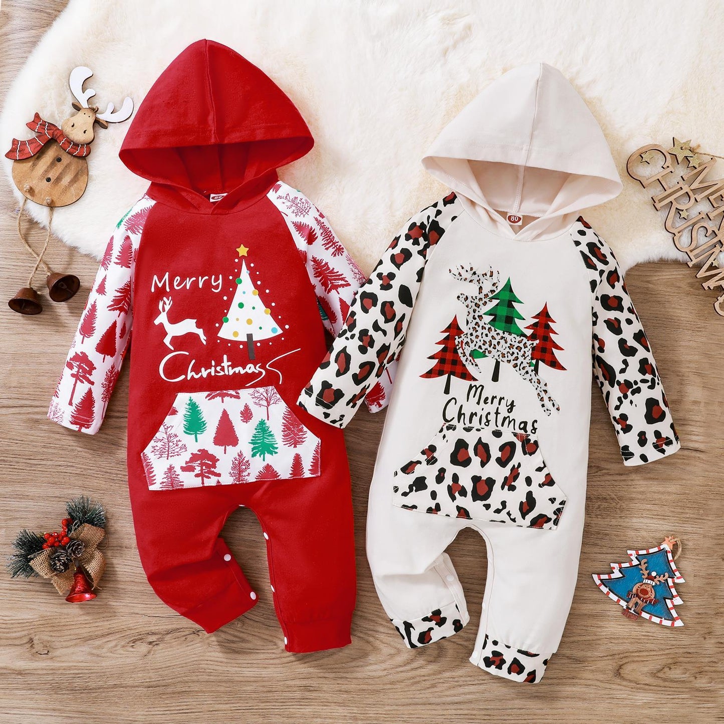 Baby Christmas Hooded Romper – Cozy Reindeer & Tree Print Outfit for Boys & Girls | Cotton Winter Jumpsuit