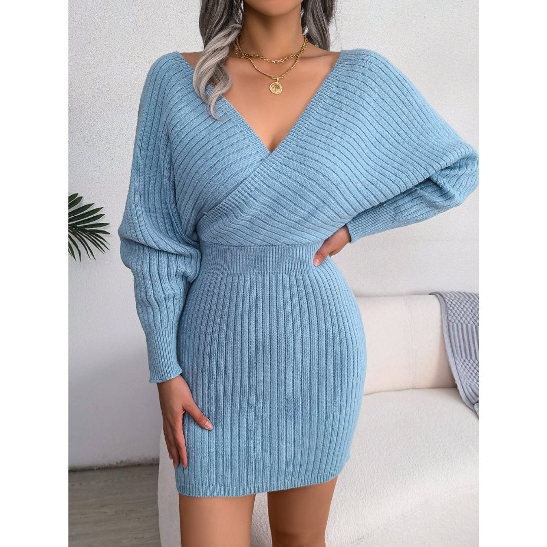 Women's Elegant Off-Shoulder Knit Sweater Dress – V-Neck Bodycon Winter Dress with Batwing Sleeves