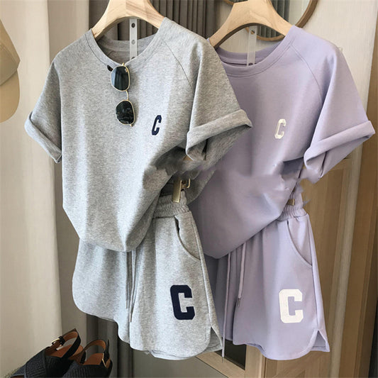 Women’s Minimalist Letter “C” Two-Piece Loungewear Set – Soft Summer Shorts & T-Shirt Co-ord (Grey & Lavender)