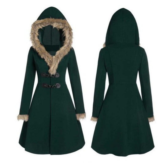 Women’s Elegant Winter Hooded Wool Coat with Faux Fur Trim – Vintage Aesthetic Warm Long Overcoat
