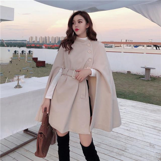 Elegant Wool Blend Cape Coat for Women – Sophisticated Button-Up Winter Dress Coat with Belt | Luxury Warm Outerwear in Black & Apricot