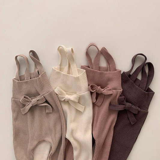 Ribbed Cotton Baby Overall Set with Lace Bow | Soft Knit Romper + Matching Hat + Headband | Cozy Autumn Baby Outfit