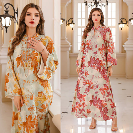 Embroidered Autumn Leaf Print Long Gown Dress for Women – Elegant Floral Kaftan Style Maxi | Bloomberry Lifestyle