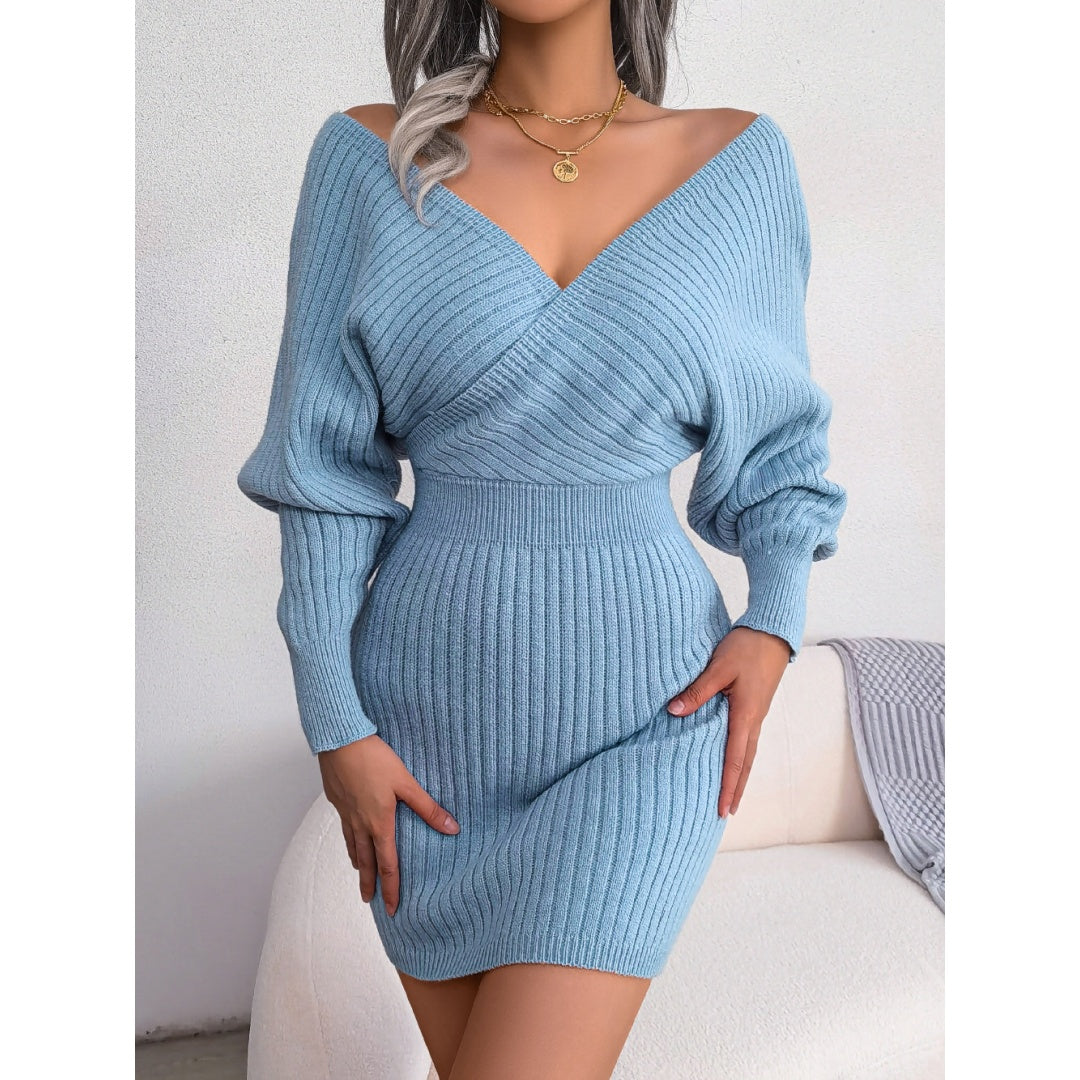 Women's Elegant Off-Shoulder Knit Sweater Dress – V-Neck Bodycon Winter Dress with Batwing Sleeves