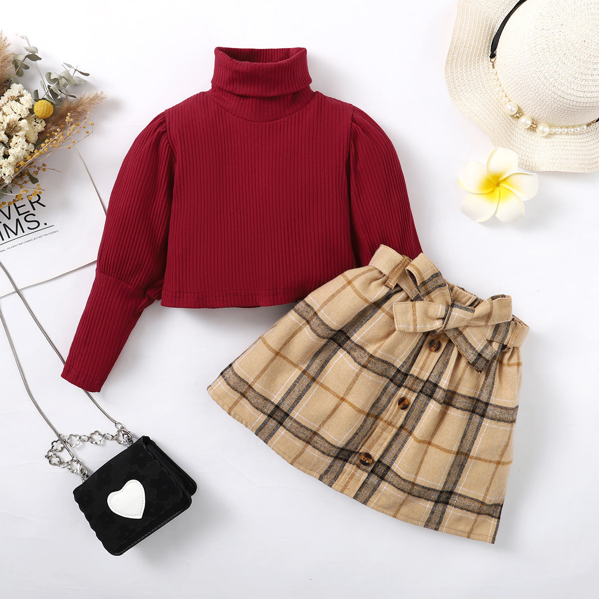Charming Girls Turtleneck & Plaid Skirt Set – Cozy Autumn Princess Outfit | Elegant Fall Dress for Little Girls