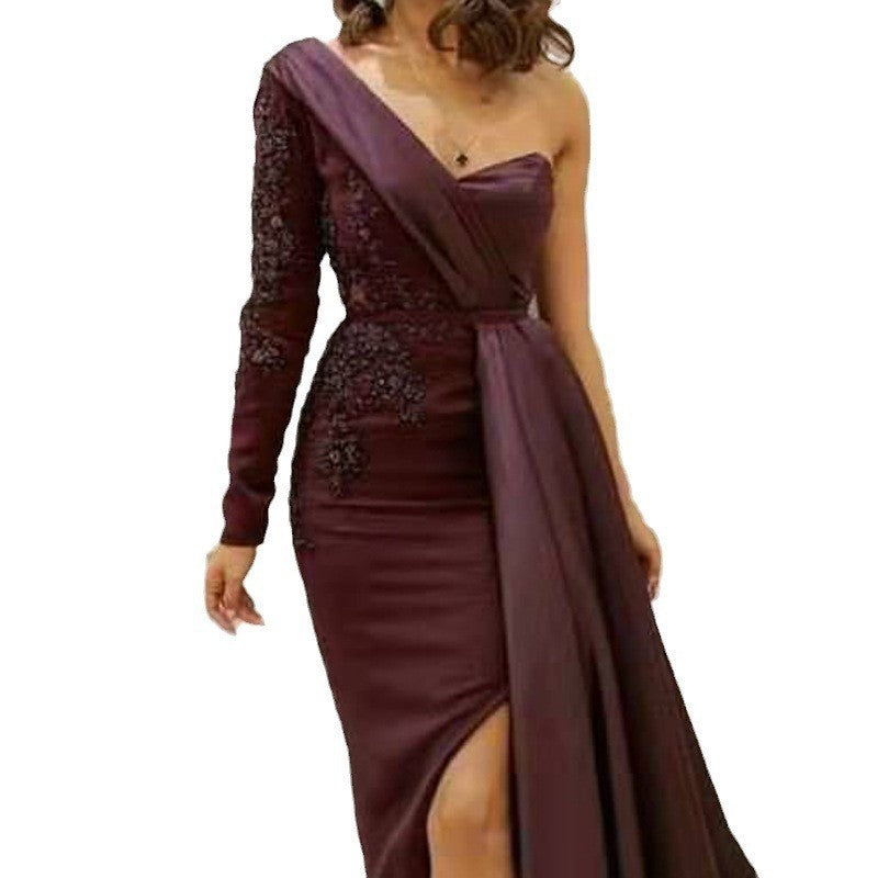 Wine One-Shoulder Evening Gown – Elegant Draped Design with Embellished Lace Detailing