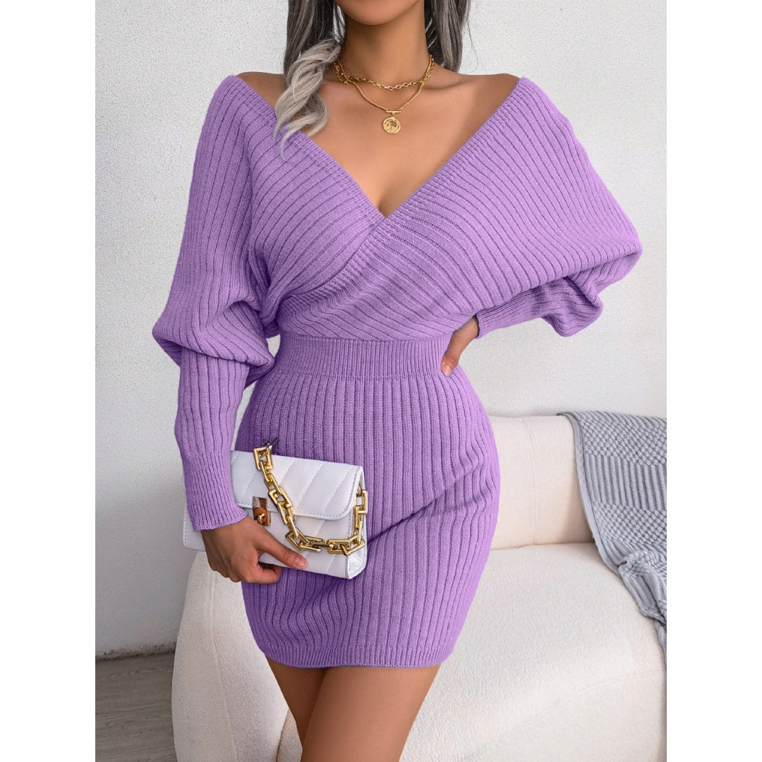 Women's Elegant Off-Shoulder Knit Sweater Dress – V-Neck Bodycon Winter Dress with Batwing Sleeves