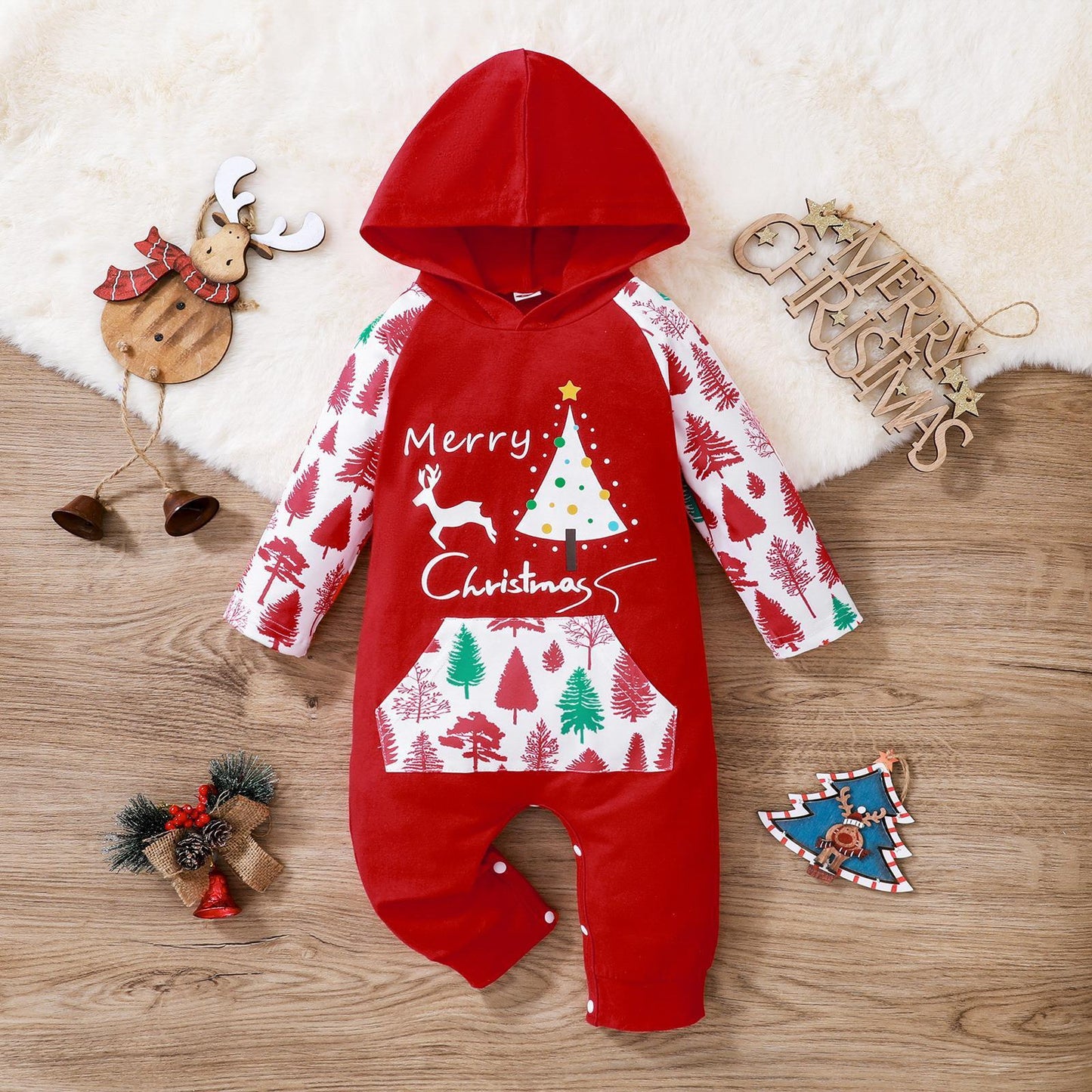 Baby Christmas Hooded Romper – Cozy Reindeer & Tree Print Outfit for Boys & Girls | Cotton Winter Jumpsuit