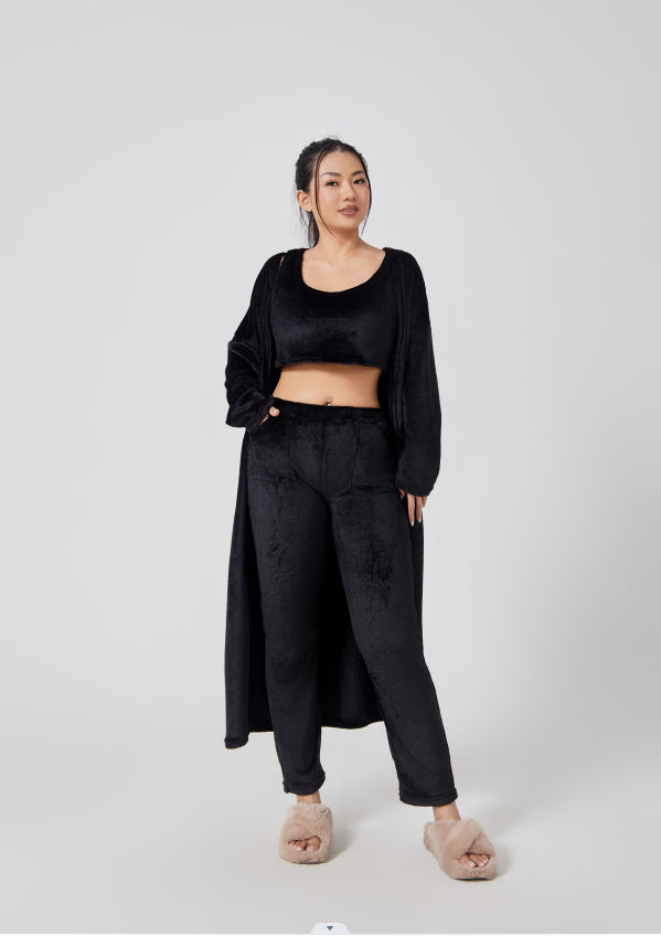 Ultimate Cozy Lounge Co-ord Set for Women | 3-Piece Fluffy Knit Loungewear – Cardigan, Crop Top & Pants