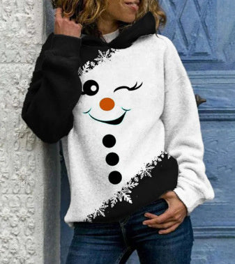 Women’s Snowman Print Hoodie – Cute Christmas Pullover Sweater | Winter Street Fashion Hooded Sweatshirt