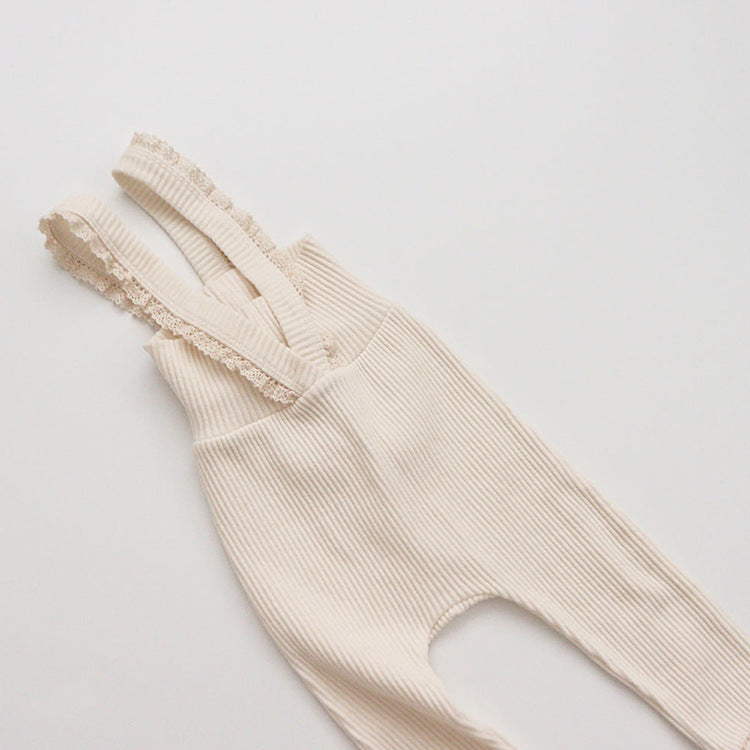 Ribbed Cotton Baby Overall Set with Lace Bow | Soft Knit Romper + Matching Hat + Headband | Cozy Autumn Baby Outfit