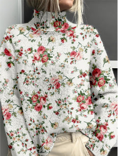 Women’s Floral & Animal Print Turtleneck Sweater – Cozy Casual Knit Pullover | Winter Fashion Woolen Tops