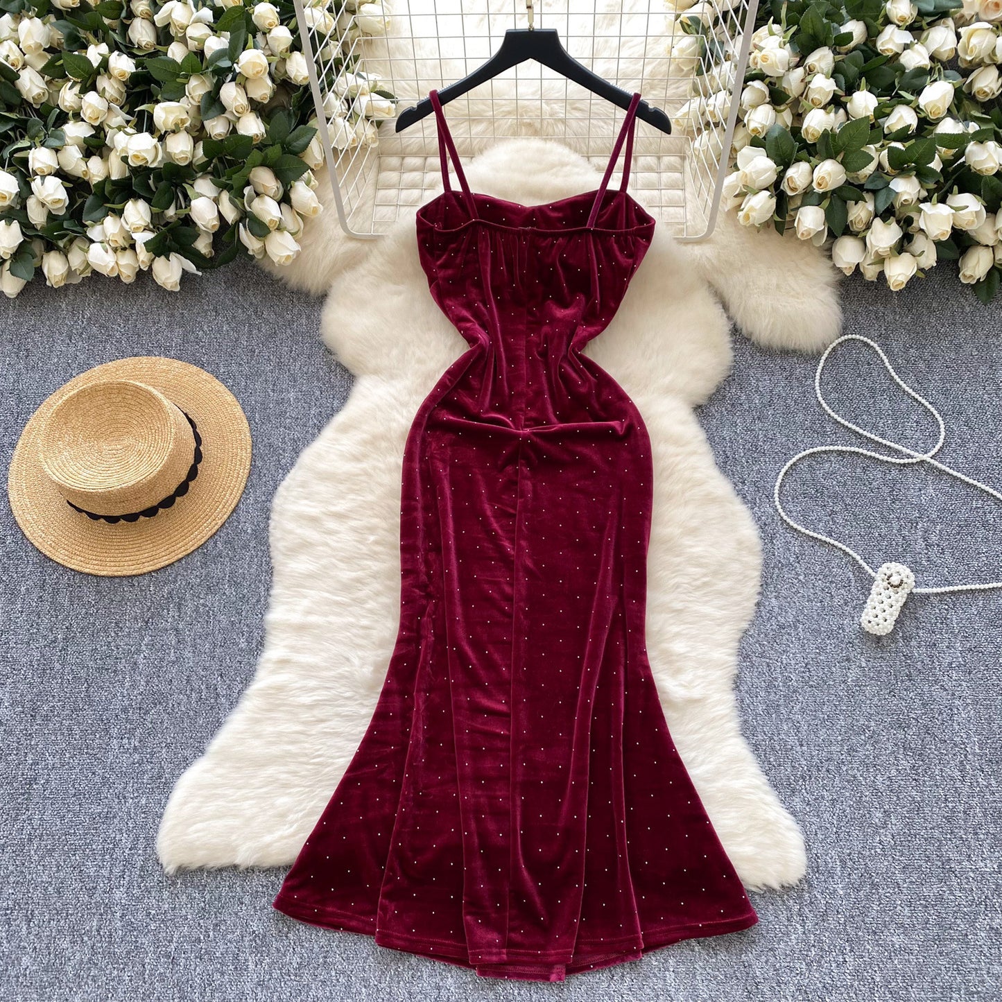 Velvet Rhinestone Bodycon Midi Dress – Elegant Sleeveless Evening Gown